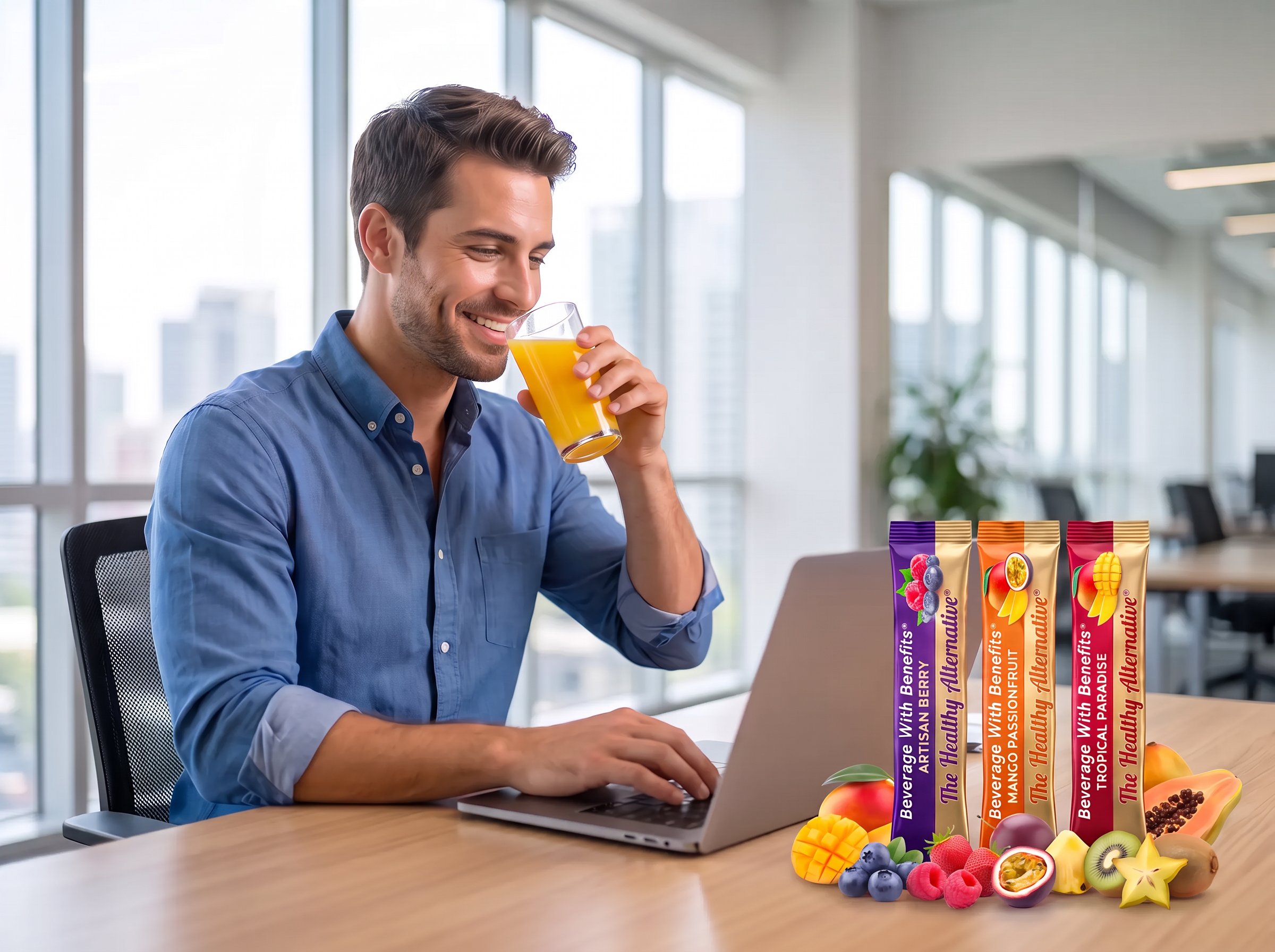 Man drinking Hydrate Heroes at his office desk with Artisan Berry, Mango Passionfruit and Tropical Paradise sticks