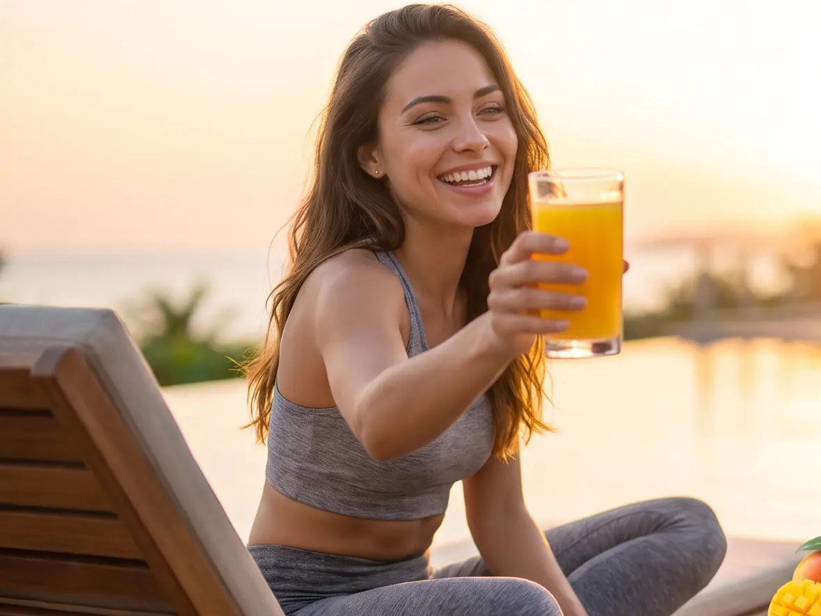 Woman toasting a glass of Hydrate Heroes poolside at sunset