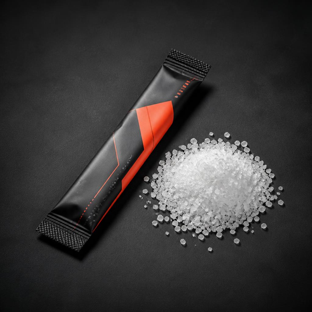 Fictional charcoal electrolyte stick beside a large pile of salt
