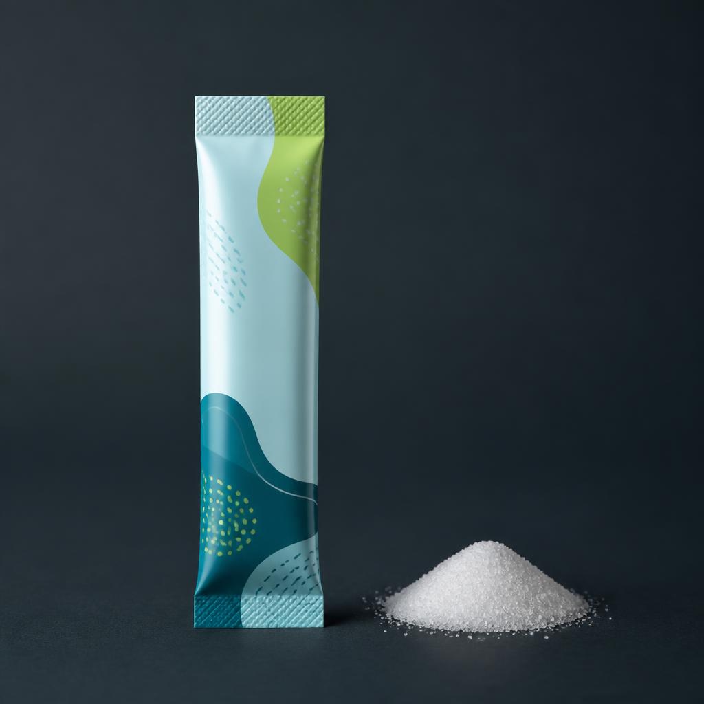 Fictional aqua electrolyte stick beside a small pile of salt