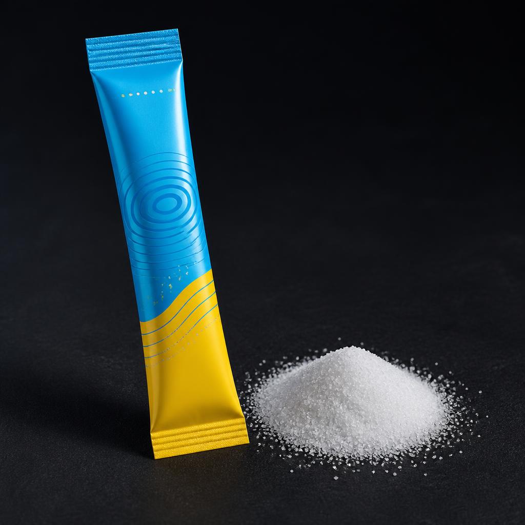 Fictional blue and yellow electrolyte stick beside a medium pile of salt