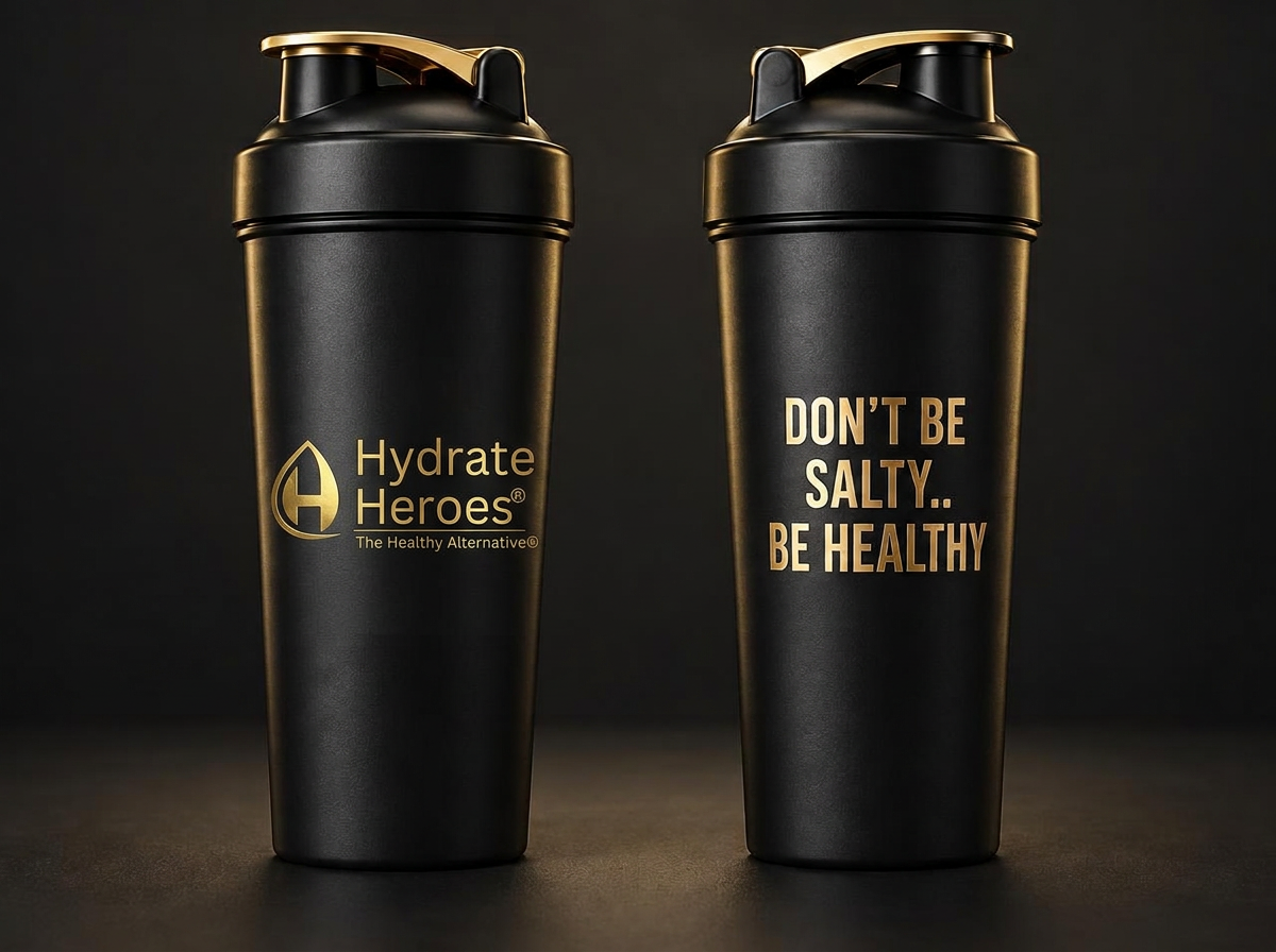 Free matte black Hydrate Heroes shaker bottle with gold logo and Don't Be Salty.. Be Healthy